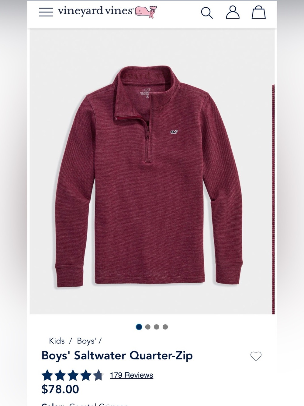 Size 7- vineyard vines Boys' Saltwater Quarter-Zip pullover/ burgundy